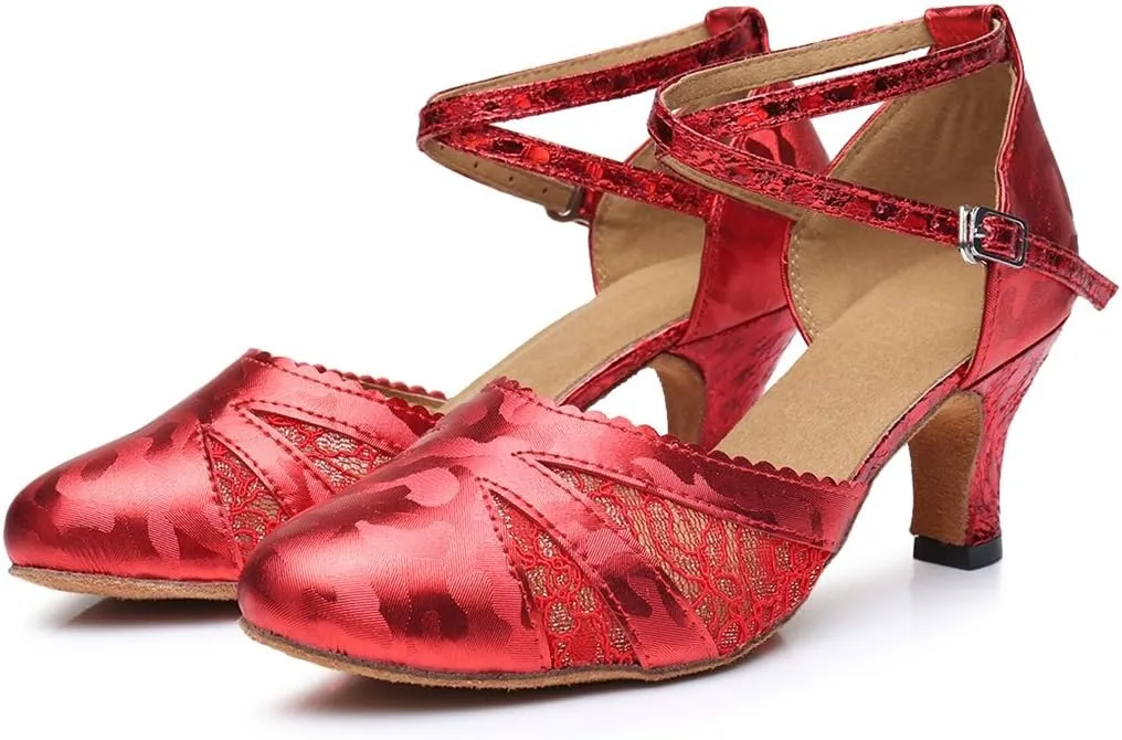 TDA Women's Ankle Strap PU Leather Lace Mesh Tango Ballroom Wedding Modern Latin Dance Shoes