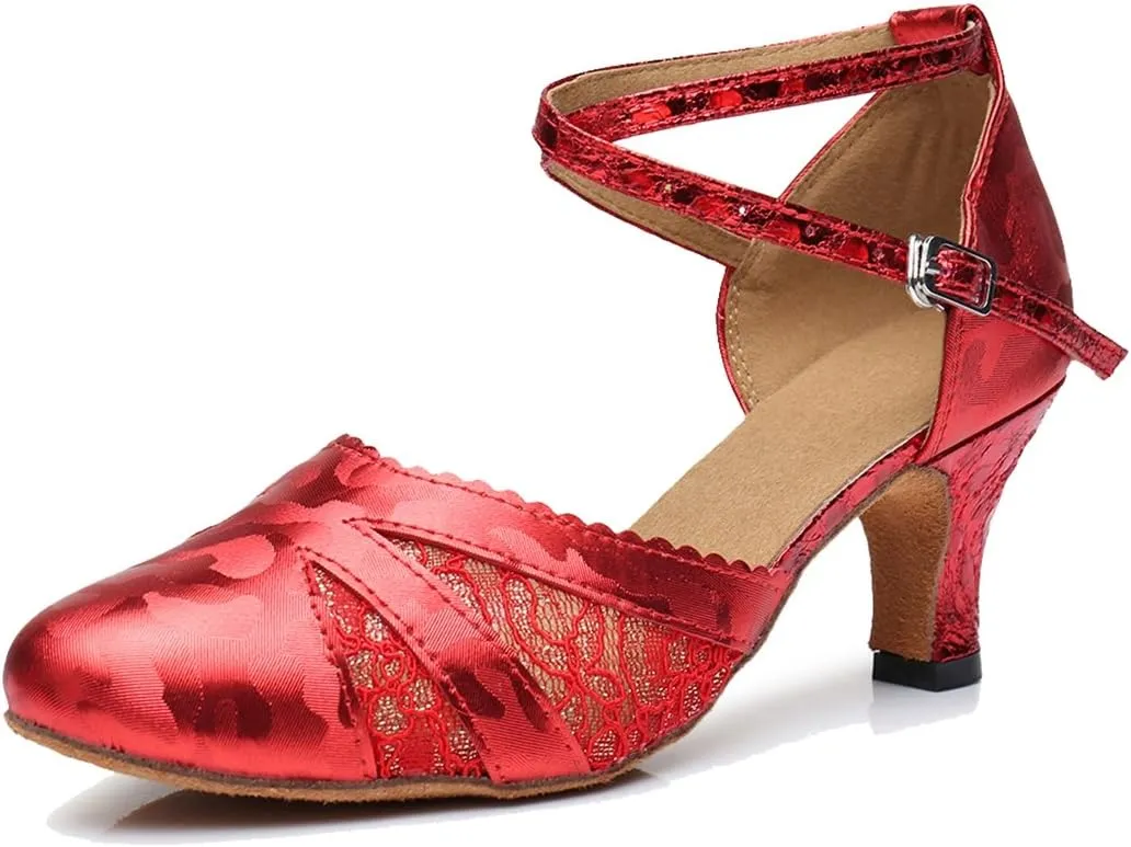 TDA Women's Ankle Strap PU Leather Lace Mesh Tango Ballroom Wedding Modern Latin Dance Shoes