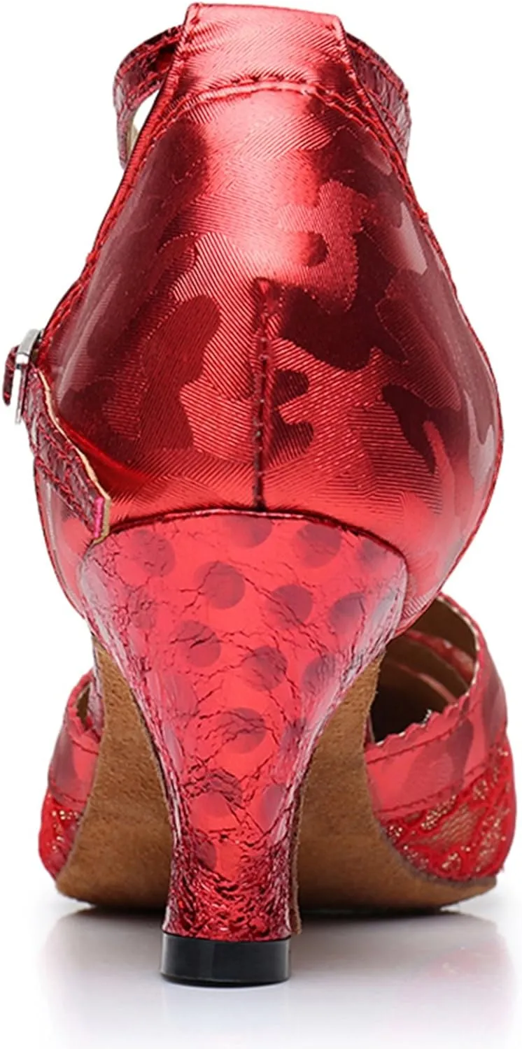 TDA Women's Ankle Strap PU Leather Lace Mesh Tango Ballroom Wedding Modern Latin Dance Shoes