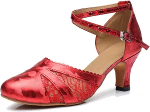 TDA Women's Ankle Strap PU Leather Lace Mesh Tango Ballroom Wedding Modern Latin Dance Shoes