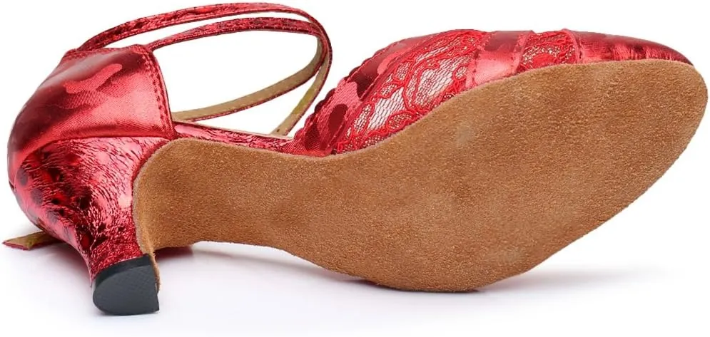 TDA Women's Ankle Strap PU Leather Lace Mesh Tango Ballroom Wedding Modern Latin Dance Shoes