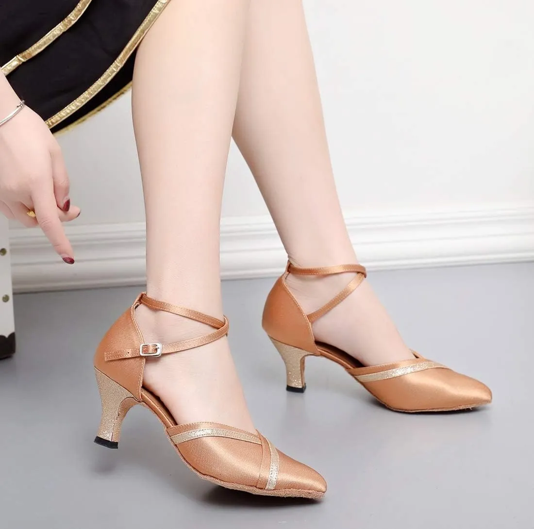 TDA Women's Closed Toe Mid Heel Glitter Evening Wedding Party Ballroom Modern Latin Dance Shoes