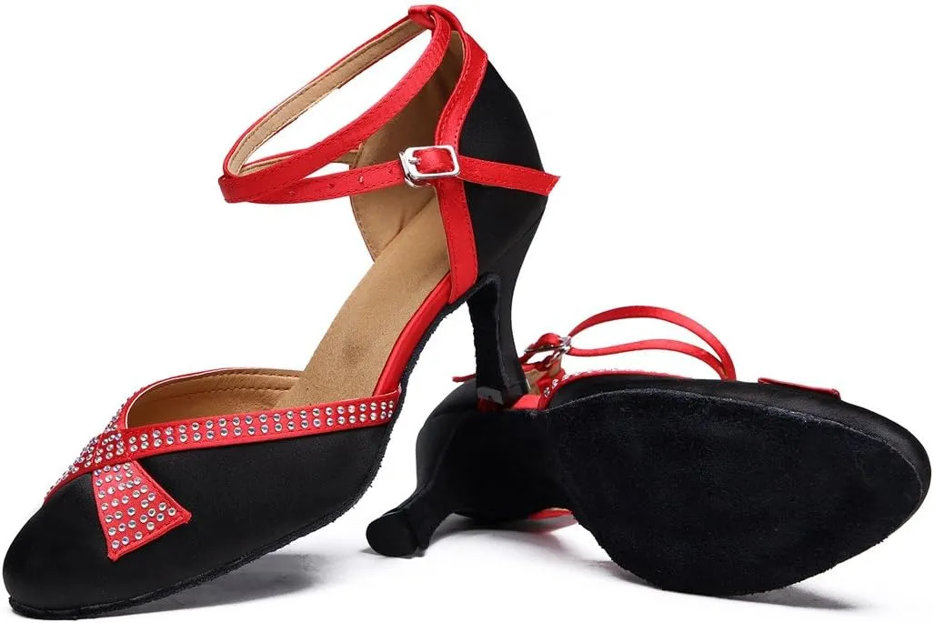 TDA Women's Comfort Ankle Wrap Crystals Satin Salsa Tango Ballroom Latin Modern Dance Wedding Shoes