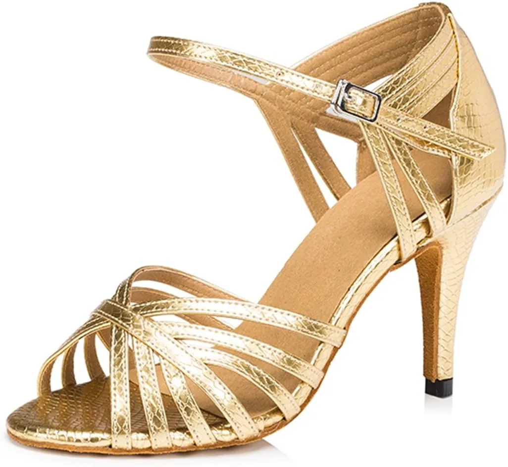 TDA Women's Fashion Single Strap High Heel 8.5cm Heel Gold Latin Salsa Ballroom Dance Shoes 9 M US