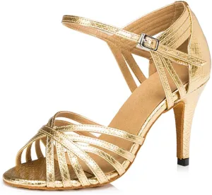 TDA Women's Fashion Single Strap High Heel 8.5cm Heel Gold Latin Salsa Ballroom Dance Shoes 9 M US