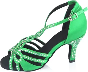 TDA Women's High Heel T-strap Crystals Satin Salsa Tango Ballroom Latin Modern Dance Wedding Shoes