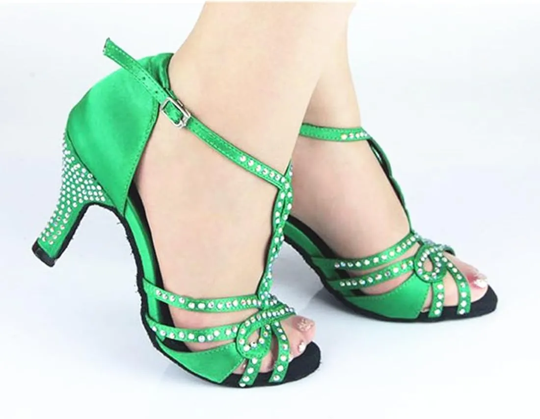 TDA Women's High Heel T-strap Crystals Satin Salsa Tango Ballroom Latin Modern Dance Wedding Shoes