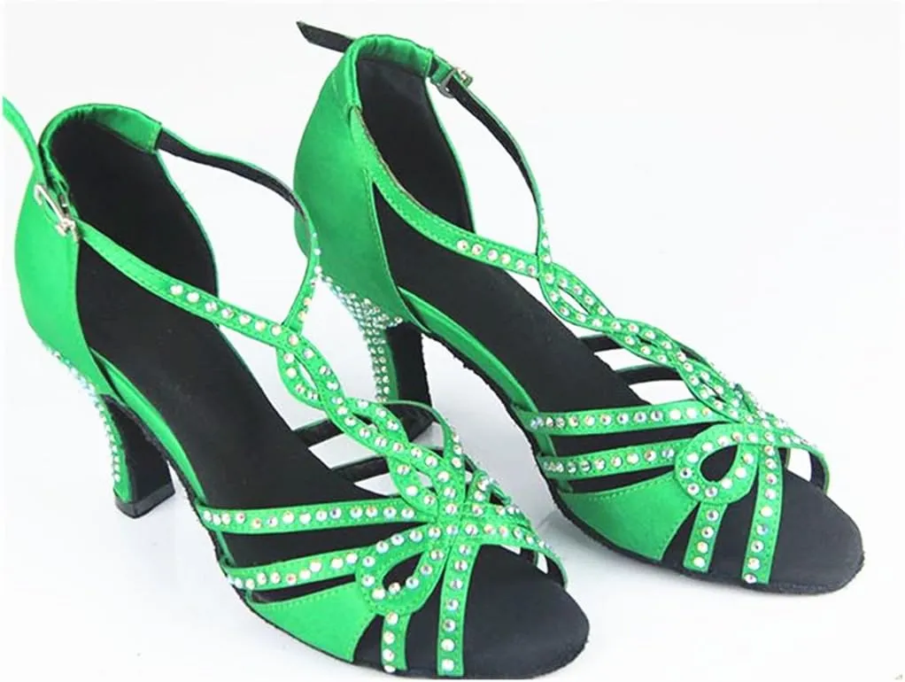 TDA Women's High Heel T-strap Crystals Satin Salsa Tango Ballroom Latin Modern Dance Wedding Shoes
