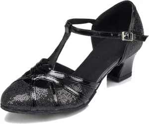 TDA Womens Mid Heel Black PU Leather Salsa Tango Ballroom Latin Party Dance Shoes CM101 5.5 M US