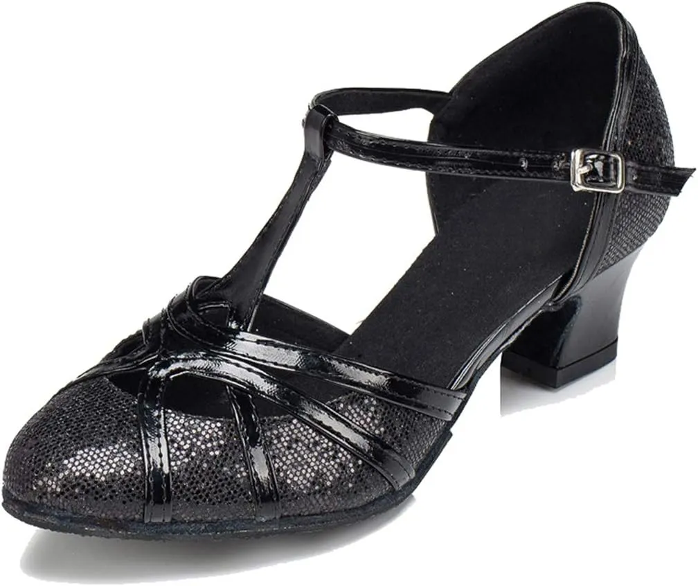 TDA Womens Mid Heel Black PU Leather Salsa Tango Ballroom Latin Party Dance Shoes CM101 5.5 M US
