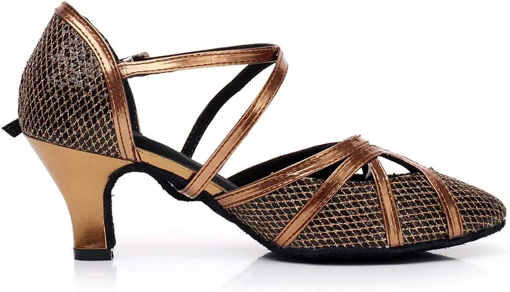TDA Women's Mid Heel Closed Toe Cross Strap Glitter Jazz Rumba Salsa Ballroom Modern Latin Dance Shoes