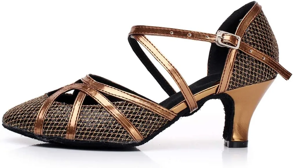 TDA Women's Mid Heel Closed Toe Cross Strap Glitter Jazz Rumba Salsa Ballroom Modern Latin Dance Shoes