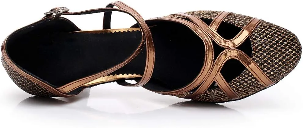 TDA Women's Mid Heel Closed Toe Cross Strap Glitter Jazz Rumba Salsa Ballroom Modern Latin Dance Shoes