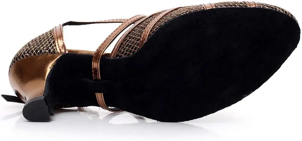 TDA Women's Mid Heel Closed Toe Cross Strap Glitter Jazz Rumba Salsa Ballroom Modern Latin Dance Shoes