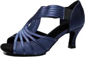 TDA Women's Mid Heel Peep Toe Slip-on Rumba Samba Salsa Ballroom Modern Latin Dance Shoes Blue 5 M US