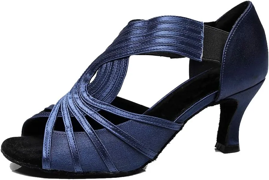 TDA Women's Mid Heel Peep Toe Slip-on Rumba Samba Salsa Ballroom Modern Latin Dance Shoes Blue 5 M US