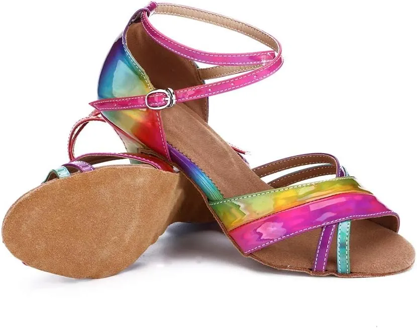 TDA Women's Open Toe Cross Strap Mid Heel Iridescence Synthetic Samba Salsa Chacha Ballroom Latin Dance Shoes