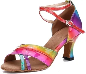 TDA Women's Open Toe Cross Strap Mid Heel Iridescence Synthetic Samba Salsa Chacha Ballroom Latin Dance Shoes