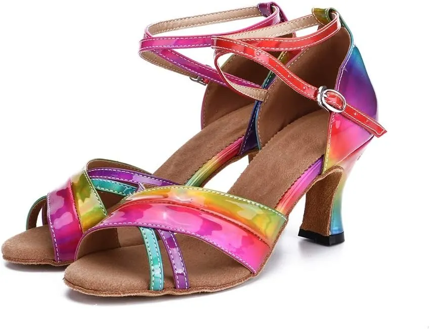 TDA Women's Open Toe Cross Strap Mid Heel Iridescence Synthetic Samba Salsa Chacha Ballroom Latin Dance Shoes