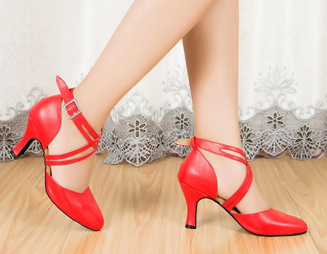 TDA Women's Round Toe Ankle Wrap Buckle Leather Salsa Tango Ballroom Latin Modern Dance Wedding Shoes