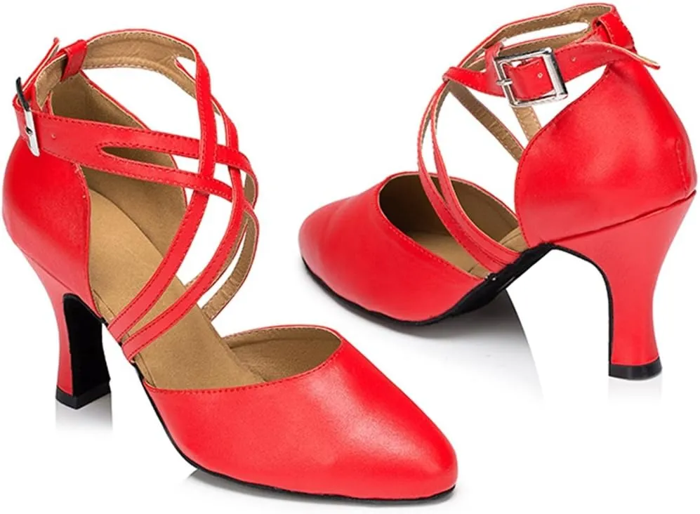 TDA Women's Round Toe Ankle Wrap Buckle Leather Salsa Tango Ballroom Latin Modern Dance Wedding Shoes