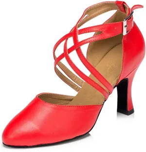 TDA Women's Round Toe Ankle Wrap Buckle Leather Salsa Tango Ballroom Latin Modern Dance Wedding Shoes