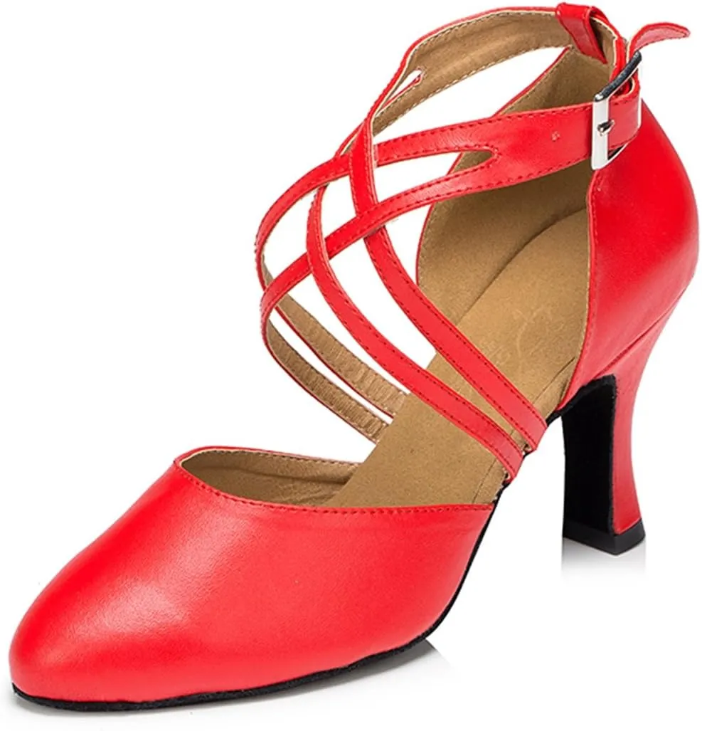 TDA Women's Round Toe Ankle Wrap Buckle Leather Salsa Tango Ballroom Latin Modern Dance Wedding Shoes