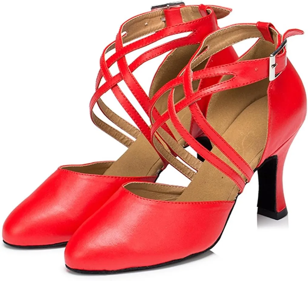 TDA Women's Round Toe Ankle Wrap Buckle Leather Salsa Tango Ballroom Latin Modern Dance Wedding Shoes