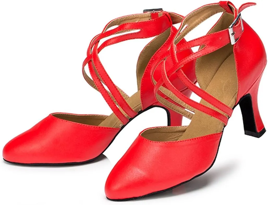 TDA Women's Round Toe Ankle Wrap Buckle Leather Salsa Tango Ballroom Latin Modern Dance Wedding Shoes