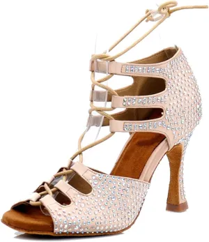 TDA Women's Sexy Lace-up Peep Toe Beige Crystals Satin Salsa Tango Ballroom Latin Dance Shoes 9 M US