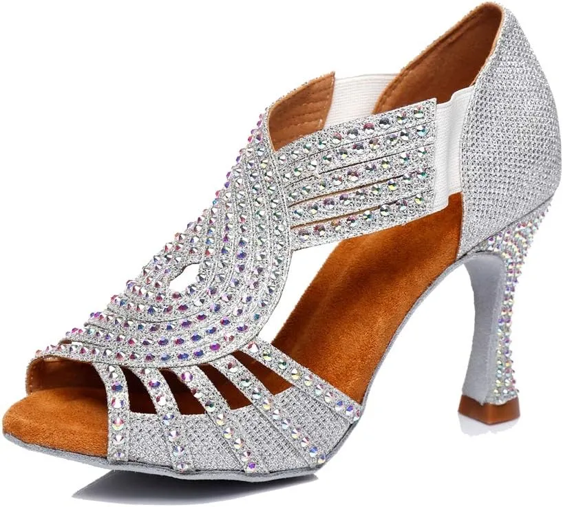 TDA Womens Slip-on Flaced Heel Silver Glitter Synthetic Crystals Latin Modern Salsa Tango Ballroom Wedding Dance Shoes 10 M US