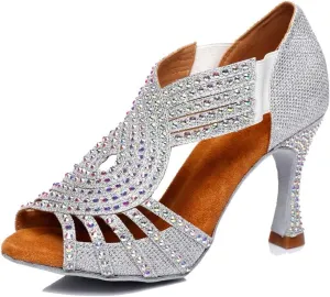 TDA Womens Slip-on Flaced Heel Silver Glitter Synthetic Crystals Latin Modern Salsa Tango Ballroom Wedding Dance Shoes 10 M US