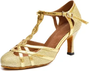 TDA Women's T-Strap Glitter Synthetic Salsa Tango Ballroom Latin Party Dance Shoes 6 Gold-7.5cm Heel
