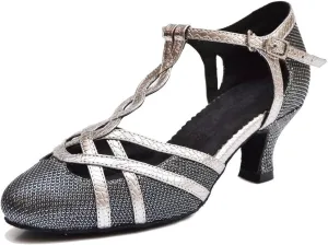 TDA Women's T-Strap Glitter Synthetic Salsa Tango Ballroom Latin Party Dance Shoes 6.5 Black-5cm Heel