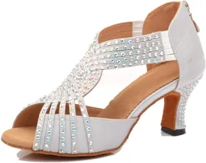 TDA Womens Zipper Flared Heel Silver Satin Crystals Latin Modern Salsa Tango Ballroom Wedding Dance Shoes 4 M US