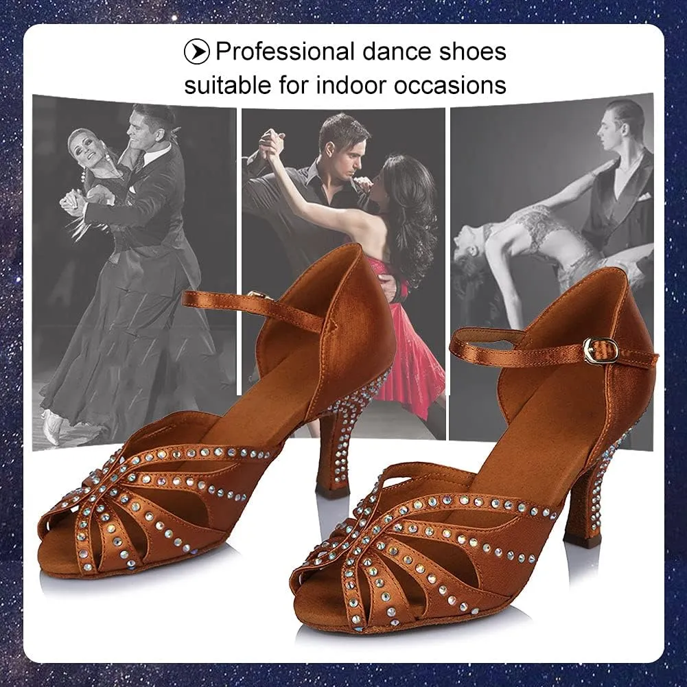 TINRYMX Satin Silk Latin Dance Shoes High Heel Rhinestone Ballroom Dance Shoes for Women,Model AF-435