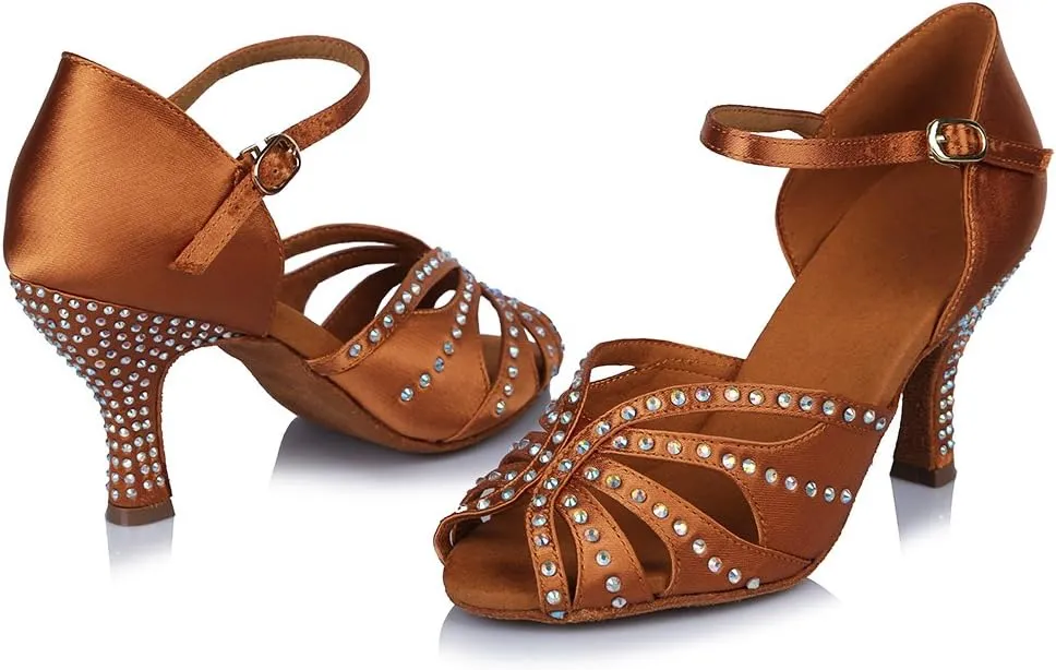 TINRYMX Satin Silk Latin Dance Shoes High Heel Rhinestone Ballroom Dance Shoes for Women,Model AF-435