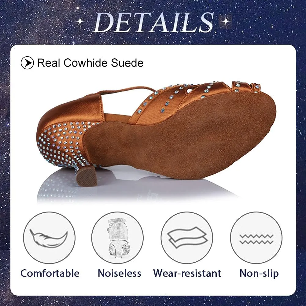 TINRYMX Satin Silk Latin Dance Shoes High Heel Rhinestone Ballroom Dance Shoes for Women,Model AF-435