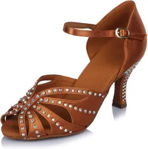TINRYMX Satin Silk Latin Dance Shoes High Heel Rhinestone Ballroom Dance Shoes for Women,Model AF-435