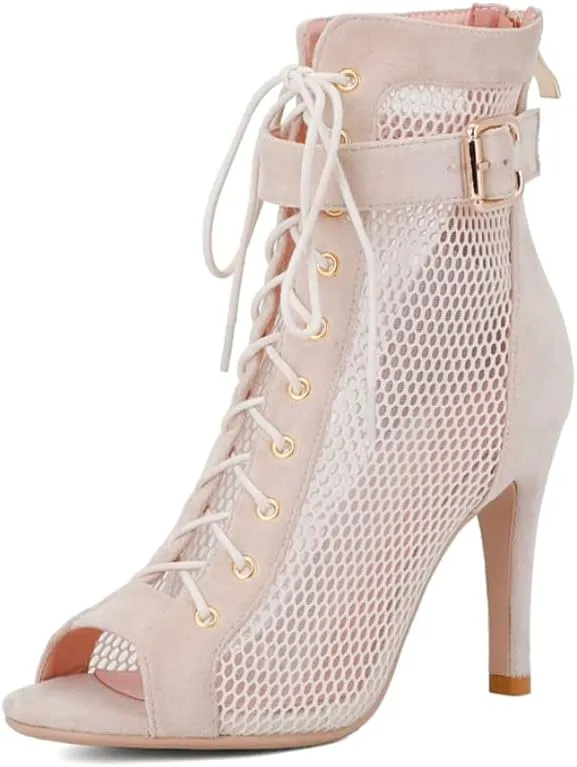 TINRYMX Women Open Toe Dance Ankle Boots Dance Heels Lace-up Latin Salsa Bachata Ballroom Dance Shoes,Model-DSK92