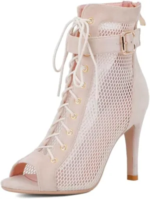 TINRYMX Women Open Toe Dance Ankle Boots Dance Heels Lace-up Latin Salsa Bachata Ballroom Dance Shoes,Model-DSK92
