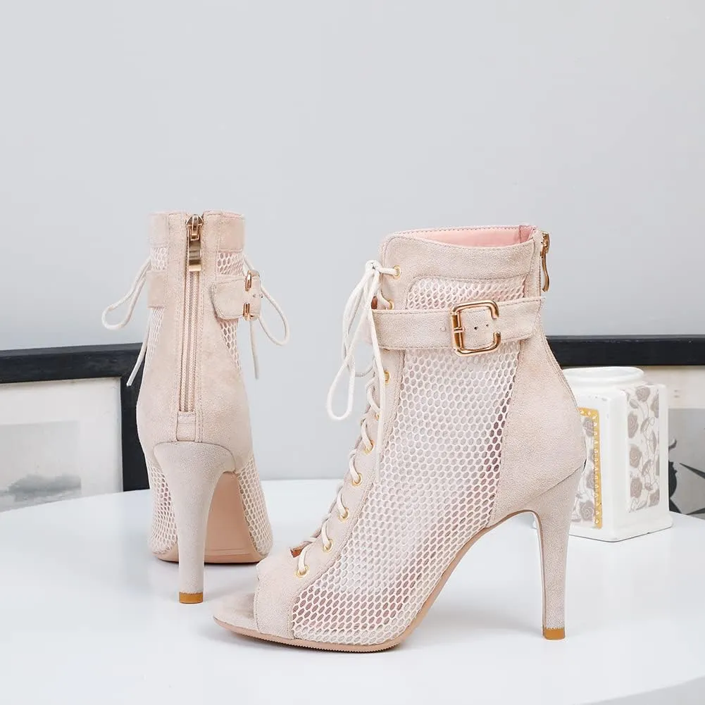 TINRYMX Women Open Toe Dance Ankle Boots Dance Heels Lace-up Latin Salsa Bachata Ballroom Dance Shoes,Model-DSK92
