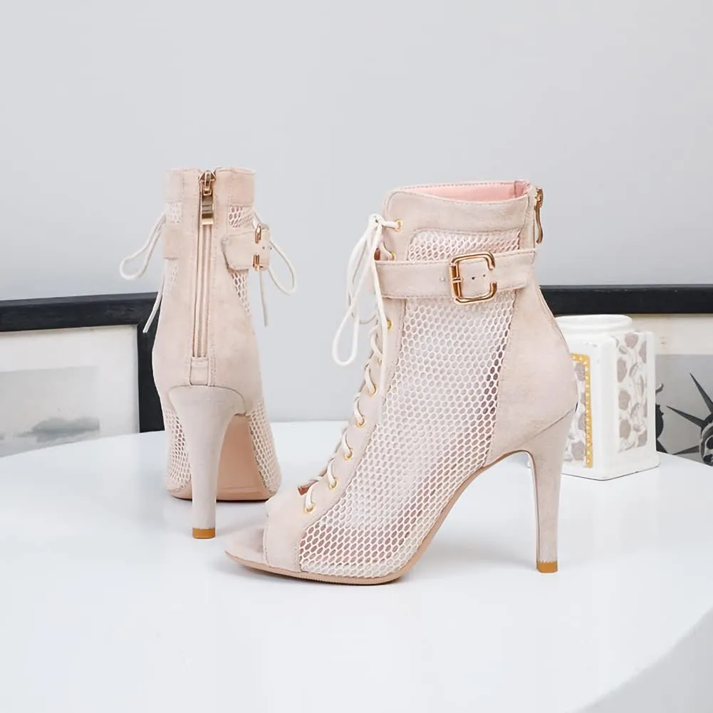 TINRYMX Women Open Toe Dance Ankle Boots Dance Heels Lace-up Latin Salsa Bachata Ballroom Dance Shoes,Model-DSK92