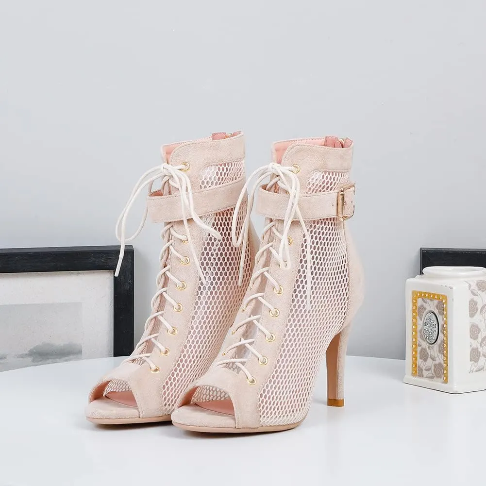TINRYMX Women Open Toe Dance Ankle Boots Dance Heels Lace-up Latin Salsa Bachata Ballroom Dance Shoes,Model-DSK92