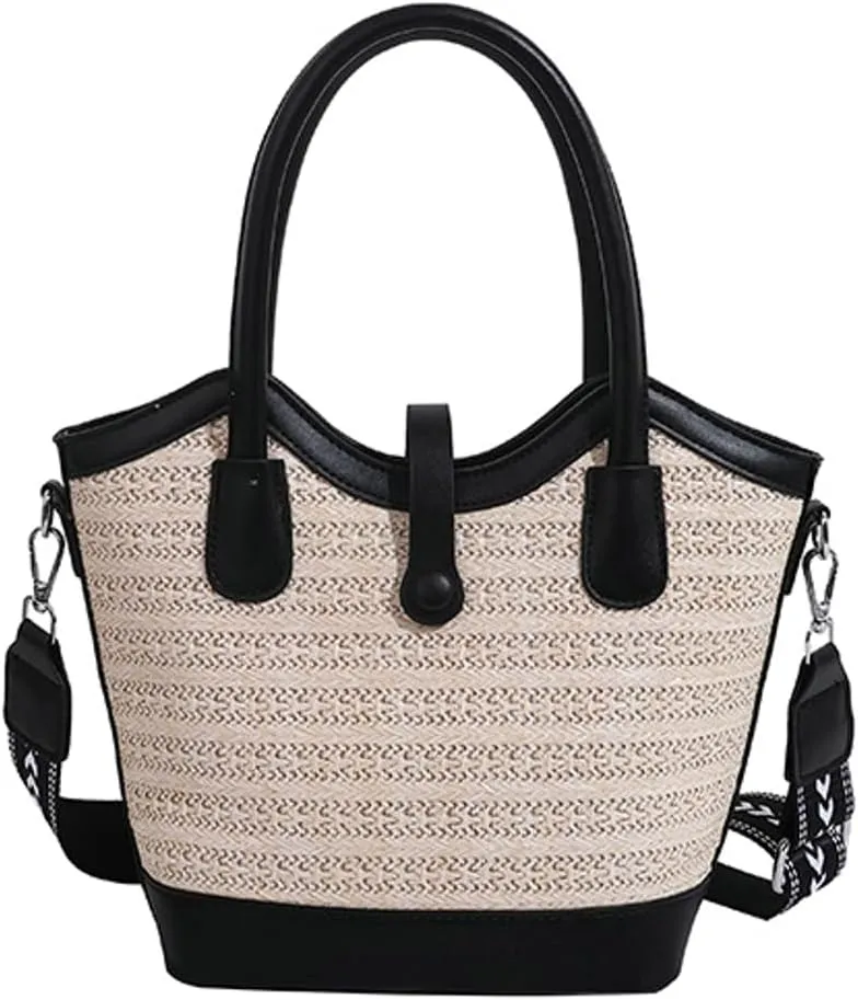 Top Handle Bag Straw Crossbody Bags for Women Trendy Straw Tote Bucket Purse with Wide Strap Summer Purse for Beach Vacation
