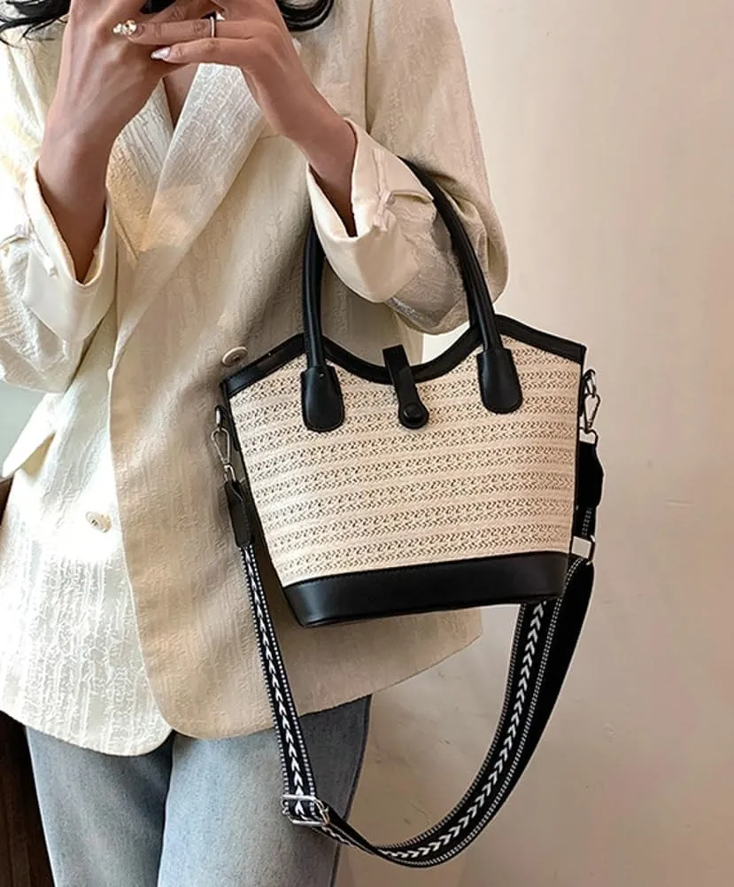 Top Handle Bag Straw Crossbody Bags for Women Trendy Straw Tote Bucket Purse with Wide Strap Summer Purse for Beach Vacation