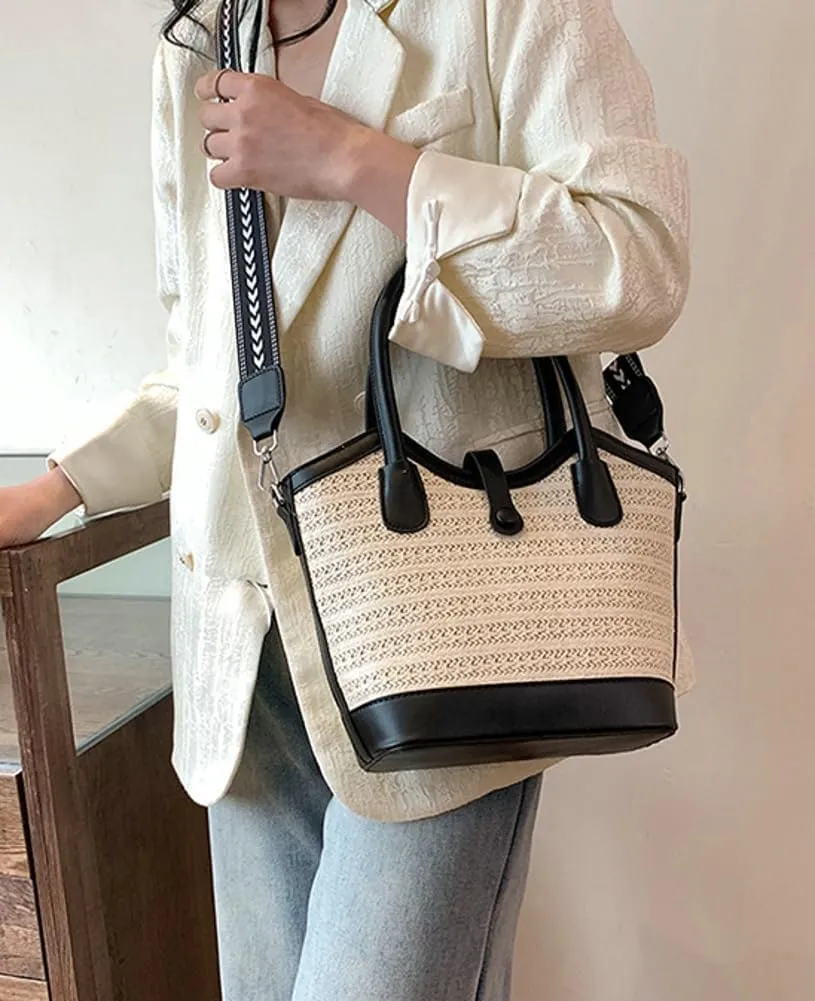 Top Handle Bag Straw Crossbody Bags for Women Trendy Straw Tote Bucket Purse with Wide Strap Summer Purse for Beach Vacation