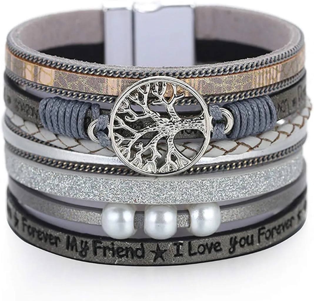 Tree of Life Leather Cuff Bracelet for Women Wrap Cross Bracelets Boho Bracelets with Pearl Gifts for Women