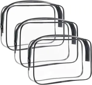 TSA Approved Toiletry Bag, 3 Pack Clear Toiletries Bags 7.5"x2.2"x5.5" Size Travel Makeup Cosmetic Bag for Women and Men, Carry on Airport Airline Compliant Bag, Clear Travel Bags for Toiletries-Black