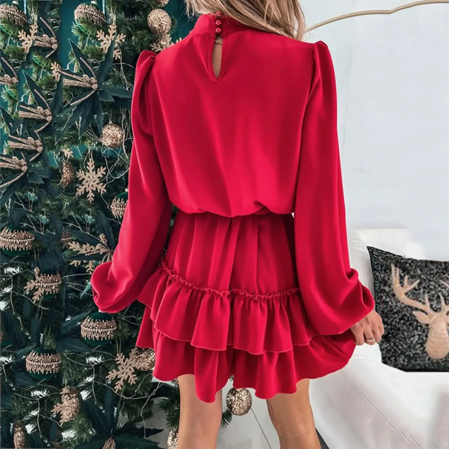 tuduoms Ruffle Tunic Dress for Women Spring Summer High Neck Baggy Sleeve Waist Tie Double Layer Ruffle Hem Short Mini Dress